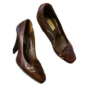 Authentic Burberry Italy Leather Brown High Heel Loafer Shoes